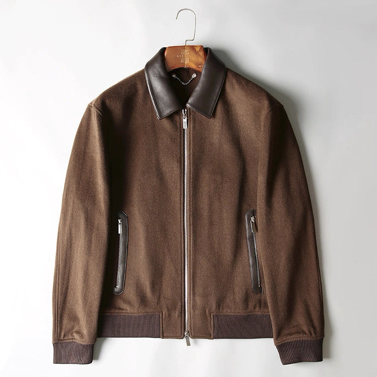 Chaqueta de aviador de piel auténtica – Bomber vintage americana con cremallera y cuello vuelto T0023