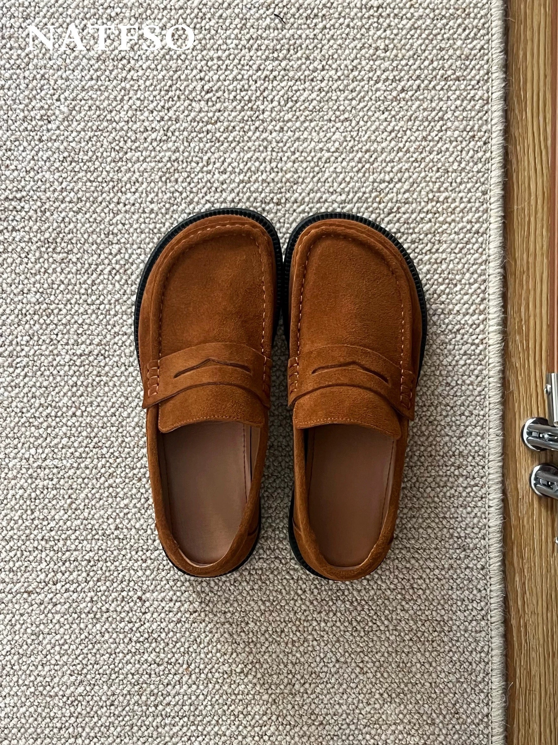 Vintage Brown Suede Loafers - Square-Toed Slip-On Moccasins with Soft Sole (Old Money Style Casual Shoes) S0002