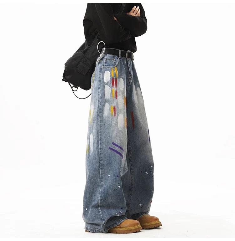 Men’s Graffiti Denim Jeans – Vintage American High Street Painted Streetwear Pants B0058