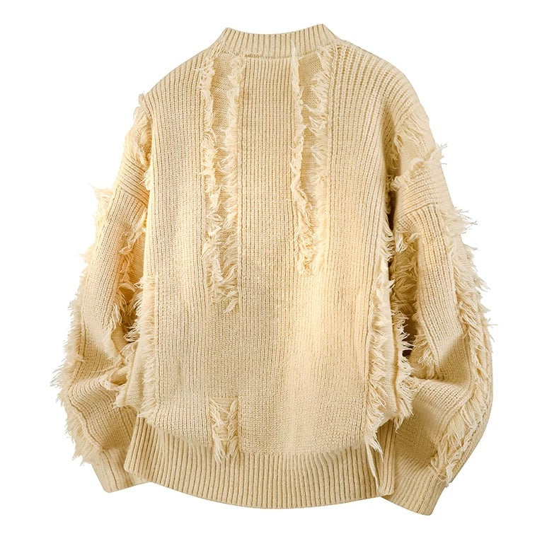 Men’s Fringe Knit Sweater Autumn Loose Fit Casual Pullover High-End Textured Knitwear T0069