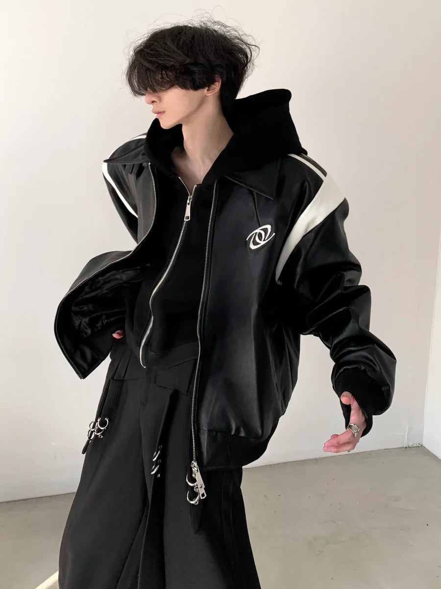 [AUTUMNWIND] BLACK COTTON THICKENED LEATHER JACKET T0121