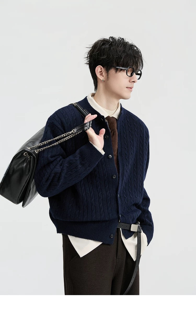 Jacquard Retro-Style Henry Neck Sweater Cardigan for Men - Wool-Blend Knitted Outerwear for Autumn & Winter T0038