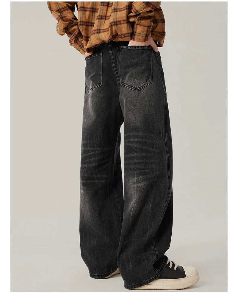 Men’s Vintage Washed Wide-Leg Jeans – American Retro Streetwear Denim T0138