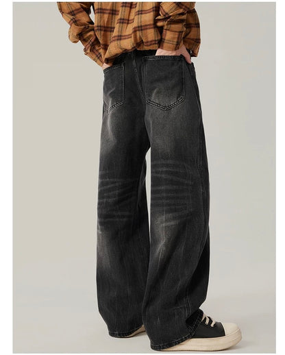Men’s Vintage Washed Wide-Leg Jeans – American Retro Streetwear Denim T0138