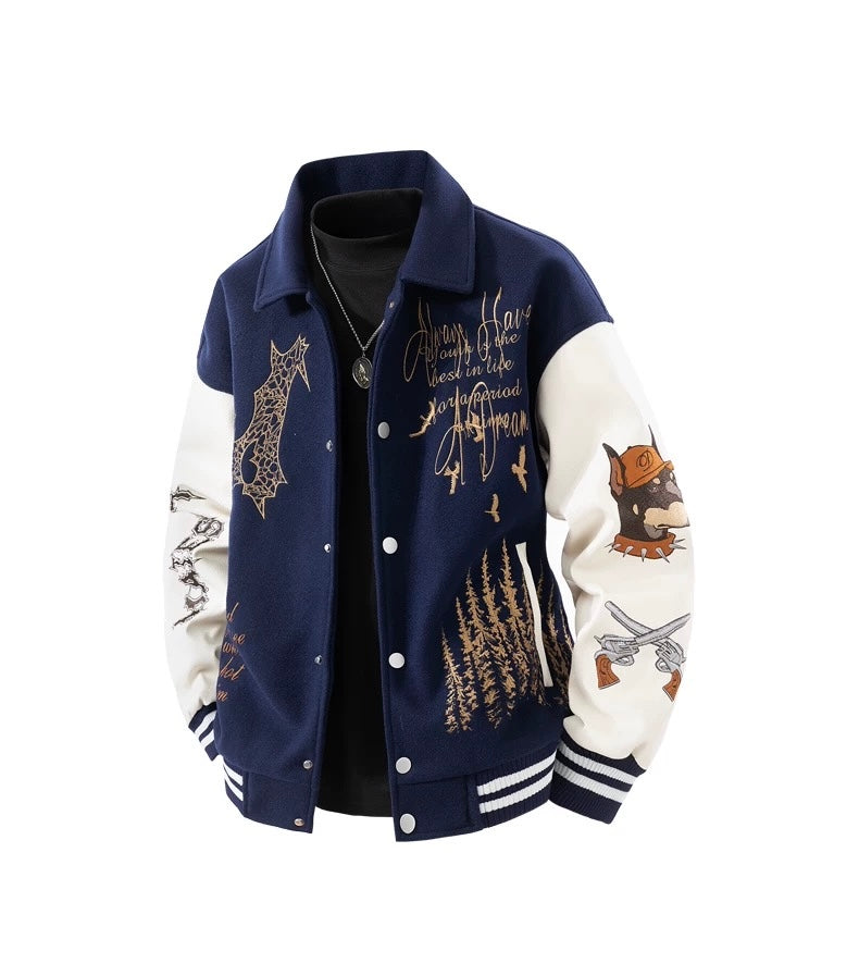 Men’s American Embroidered Patchwork Baseball Jacket – Vintage Streetwear Varsity CoatT0074