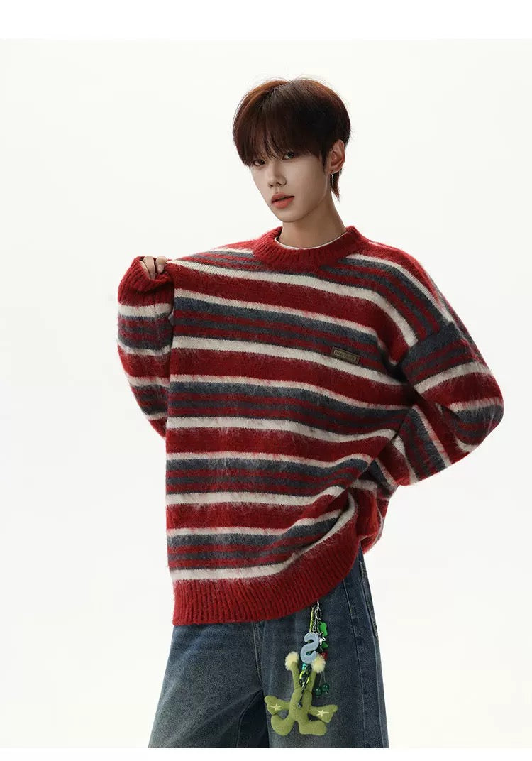 Men’s Vintage Red Striped Sweater – American Retro Knit Pullover S0049