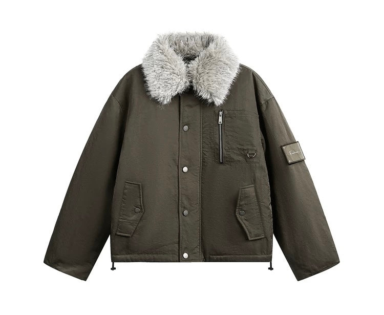 Men’s Detachable Fur Collar Padded Jacket – American Retro Winter Street Outerwear T0055