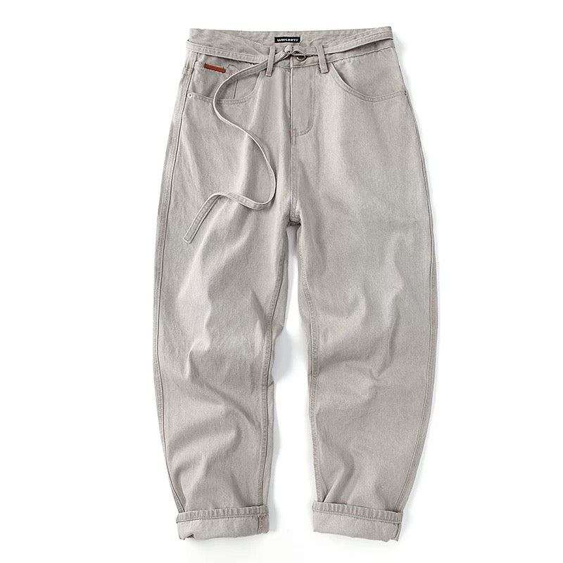 Japanese Streetwear Drawstring Ties Contrast Stitching Denim Pants Men's Loose Straight Leg Washed Versatile Baggy Haramaki Joggers B0111