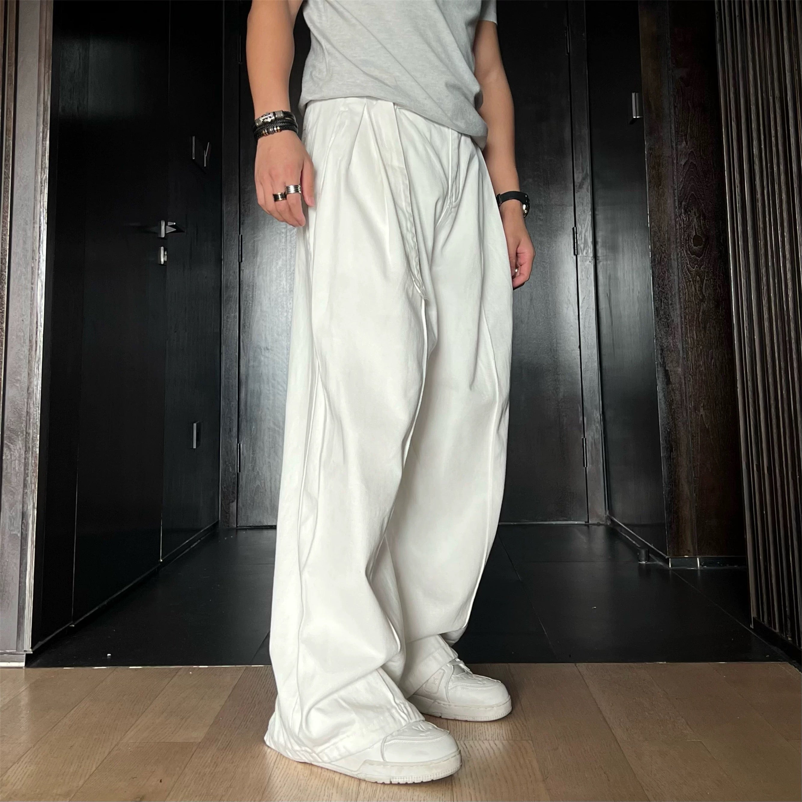 Vintage Curved-Cut Wide-Leg Jeans for Men | American Retro Casual Denim PantsB0101