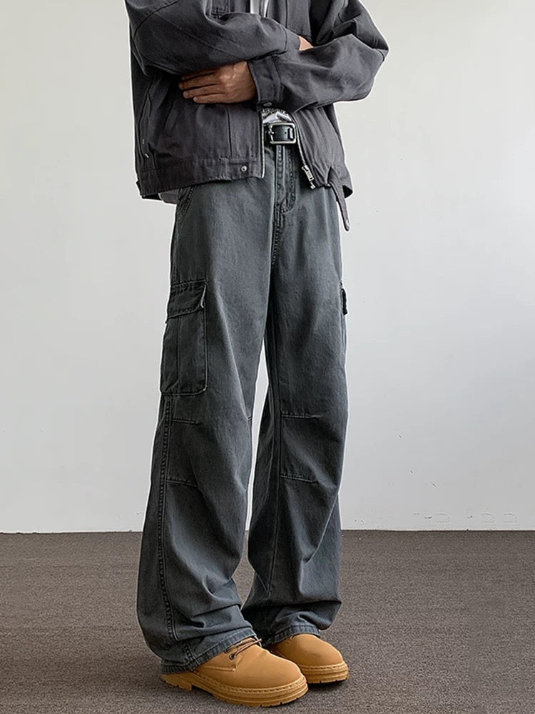 Men’s Gray Multi-Pocket Cargo Pants – Utility Streetwear Loose Fit Trousers B0062