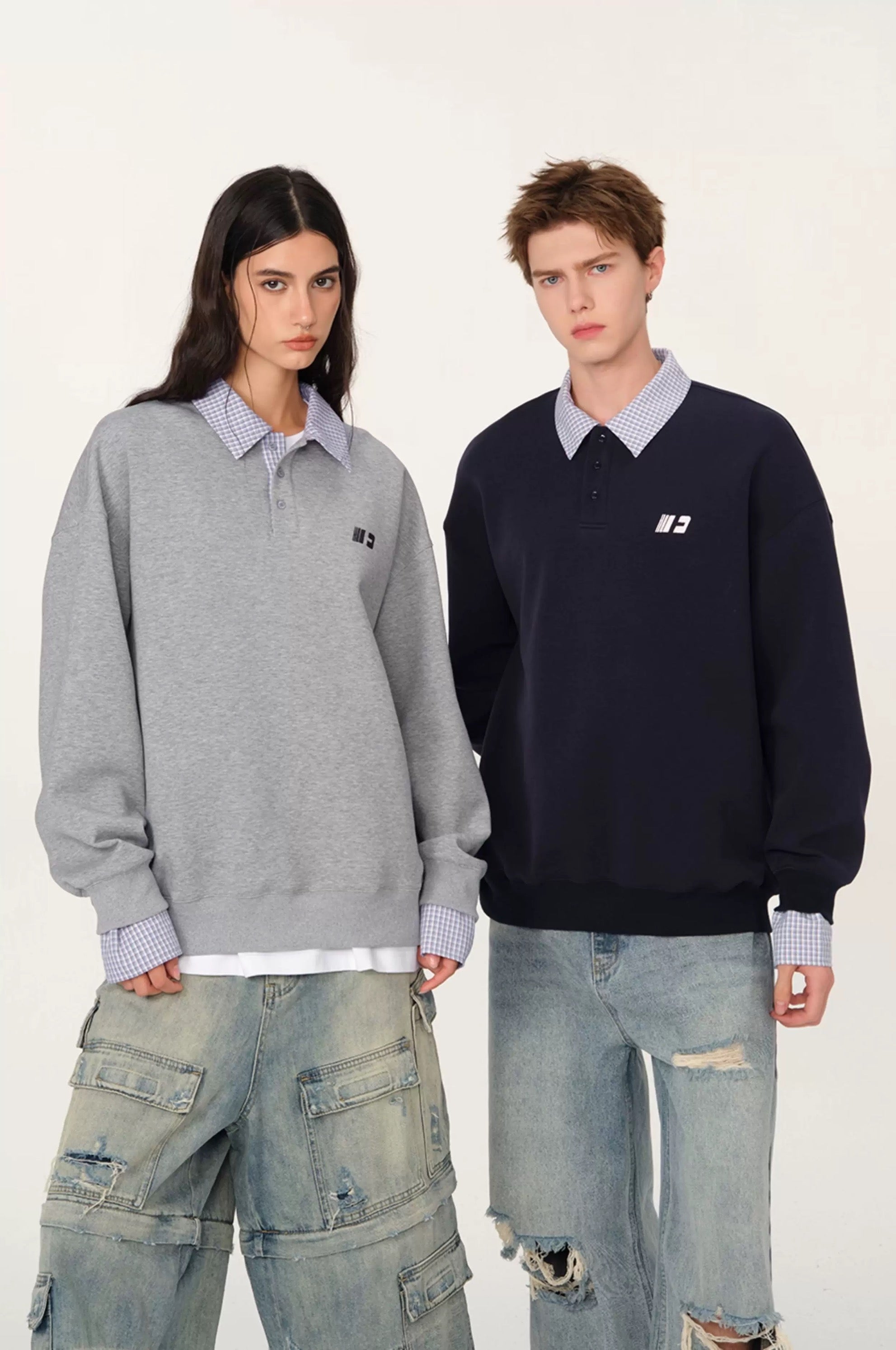 Men’s Layered Polo Sweatshirt – Air Layer Fabric Retro Street Pullover S0041