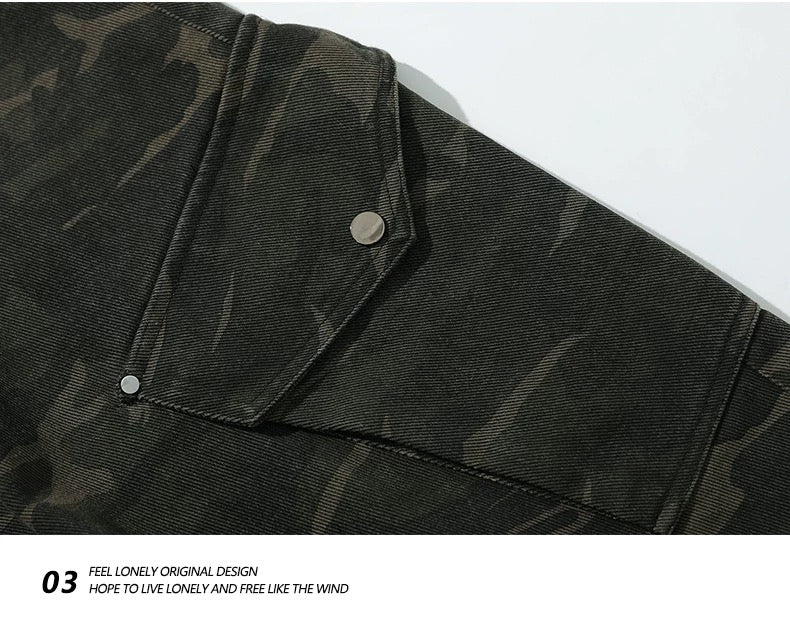 Men’s Camo Multi-Pocket Cargo Jeans – American Street Utility Denim Pants B0068