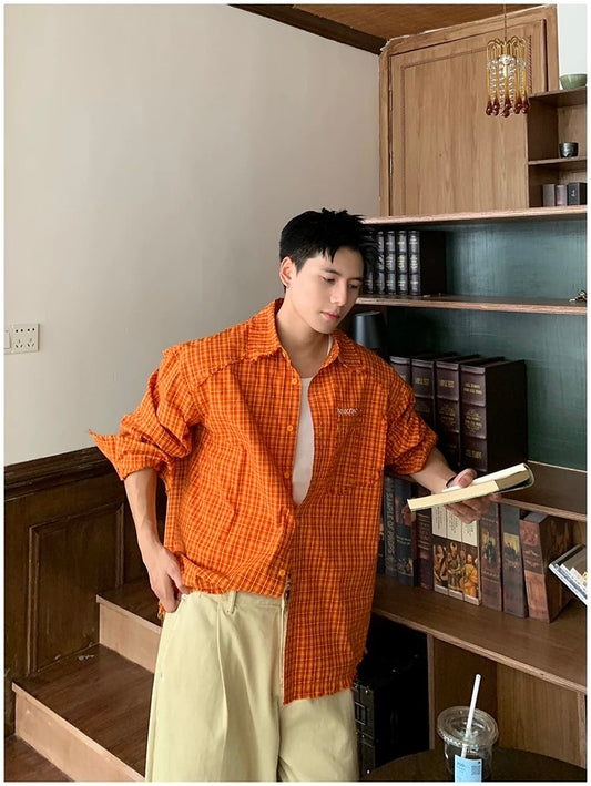 American Streetwear Orange Plaid Shirt – Vintage Long Sleeve Flannel for Men T0241