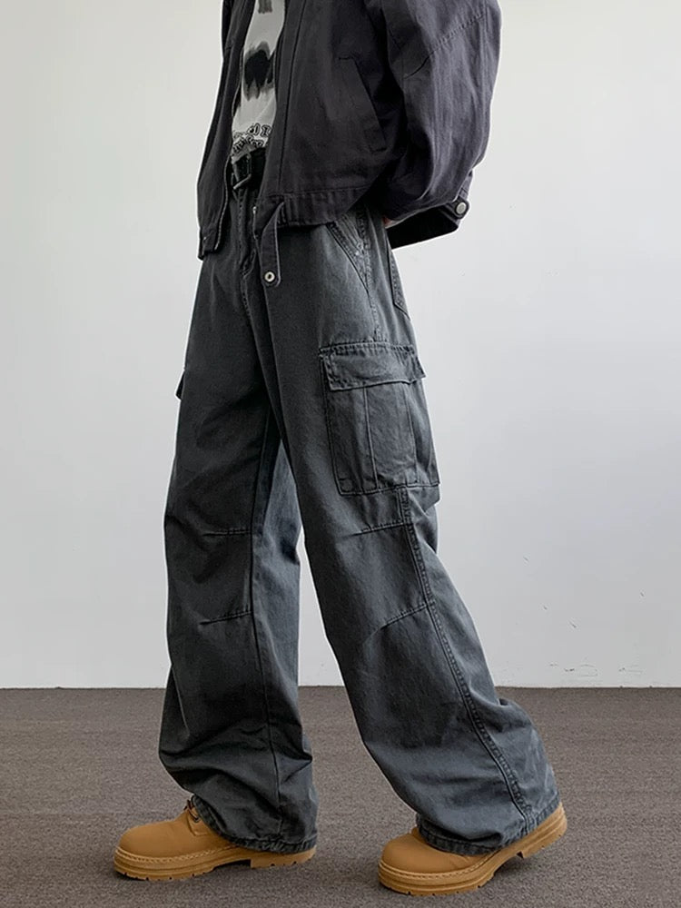 Men’s Gray Multi-Pocket Cargo Pants – Utility Streetwear Loose Fit Trousers B0062
