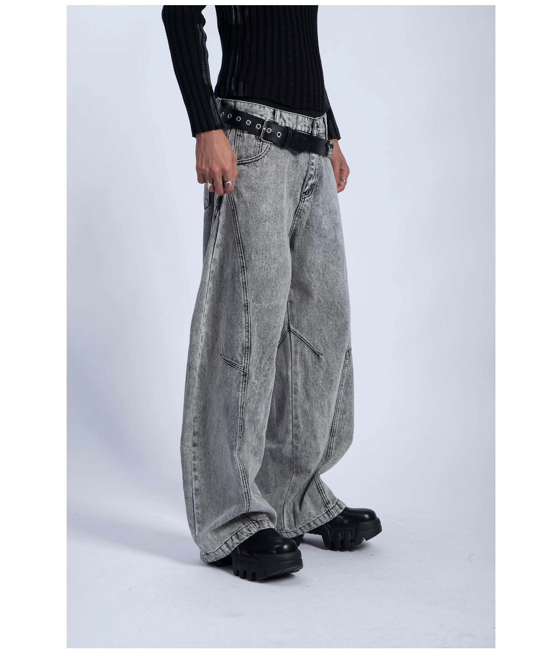 Men’s Vintage Curved-Cut Wide-Leg Jeans – Retro American Loose Fit Denim Pants B0056