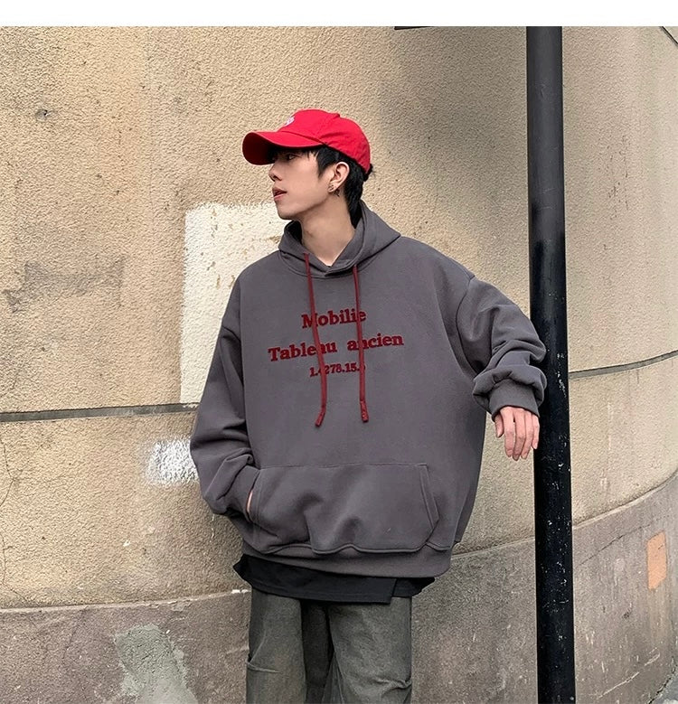 Men’s Vintage Brushed Embroidery Hoodie – Retro American Streetwear Pullover T0202