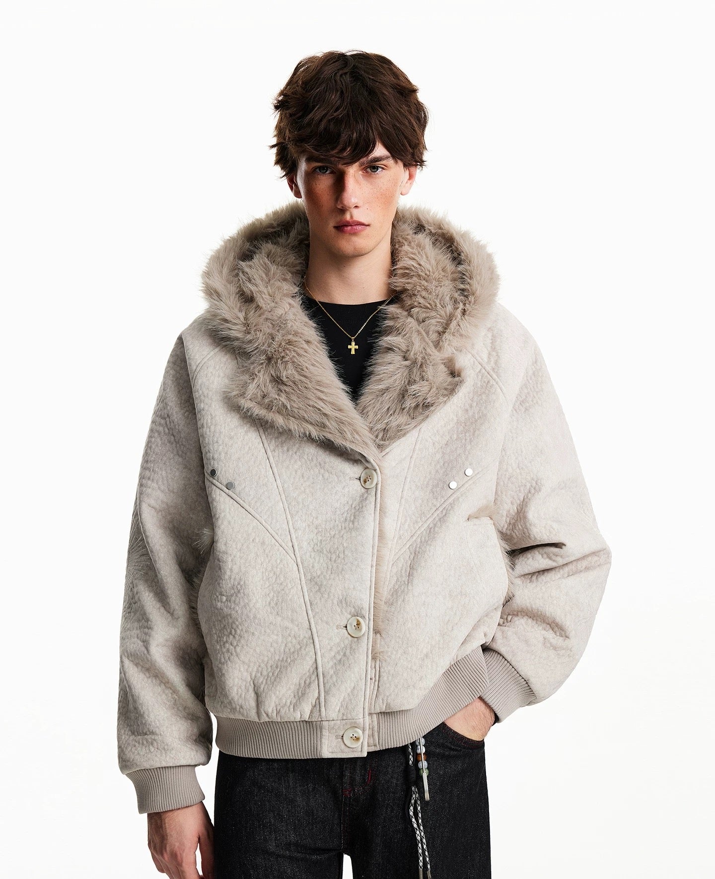 American Vintage Faux Rabbit Fur Hooded Jacket T0254