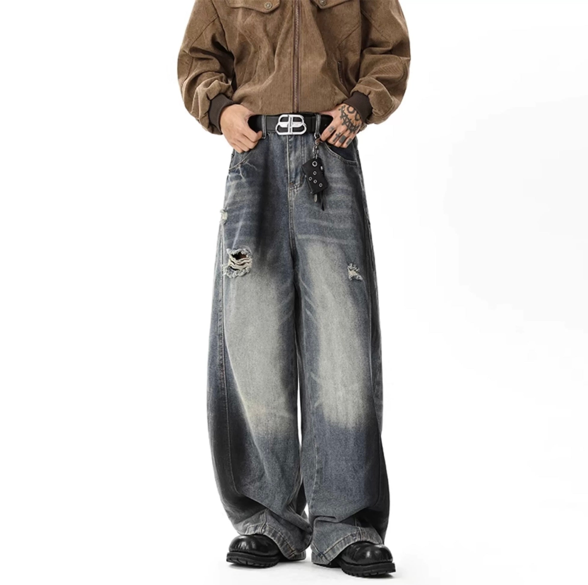 Vaqueros americanos rotos con corte curvo para hombre – Pantalones vaqueros de pierna ancha estilo streetwear vintage B0090