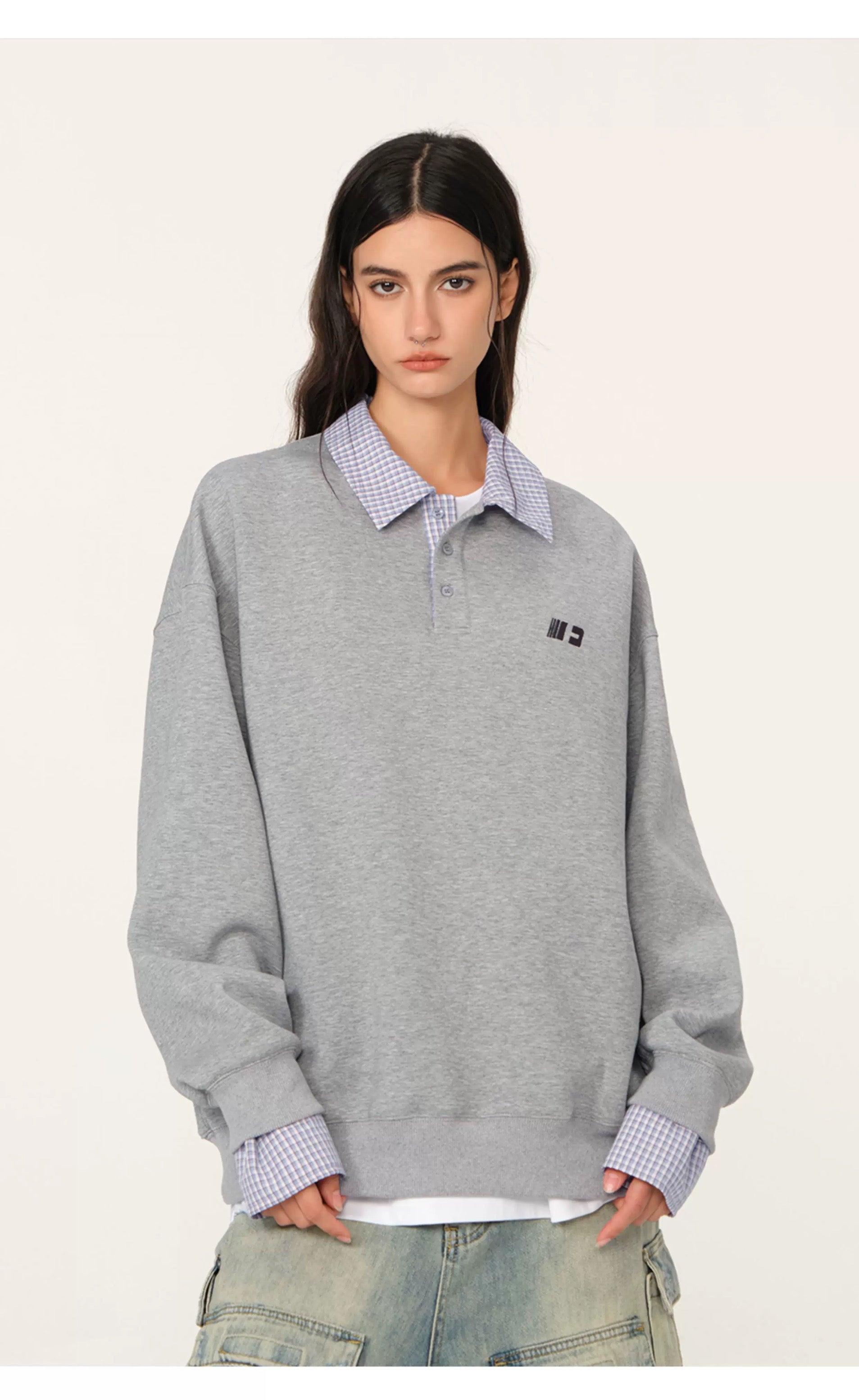 Men’s Layered Polo Sweatshirt – Air Layer Fabric Retro Street Pullover S0041