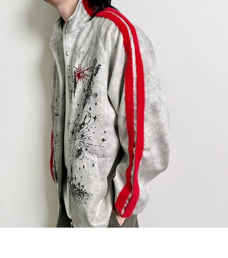 メンズ プリント カラーブロック フリースジャケット - レトロ パッチワーク ストリートウェア アウターウェア T0037