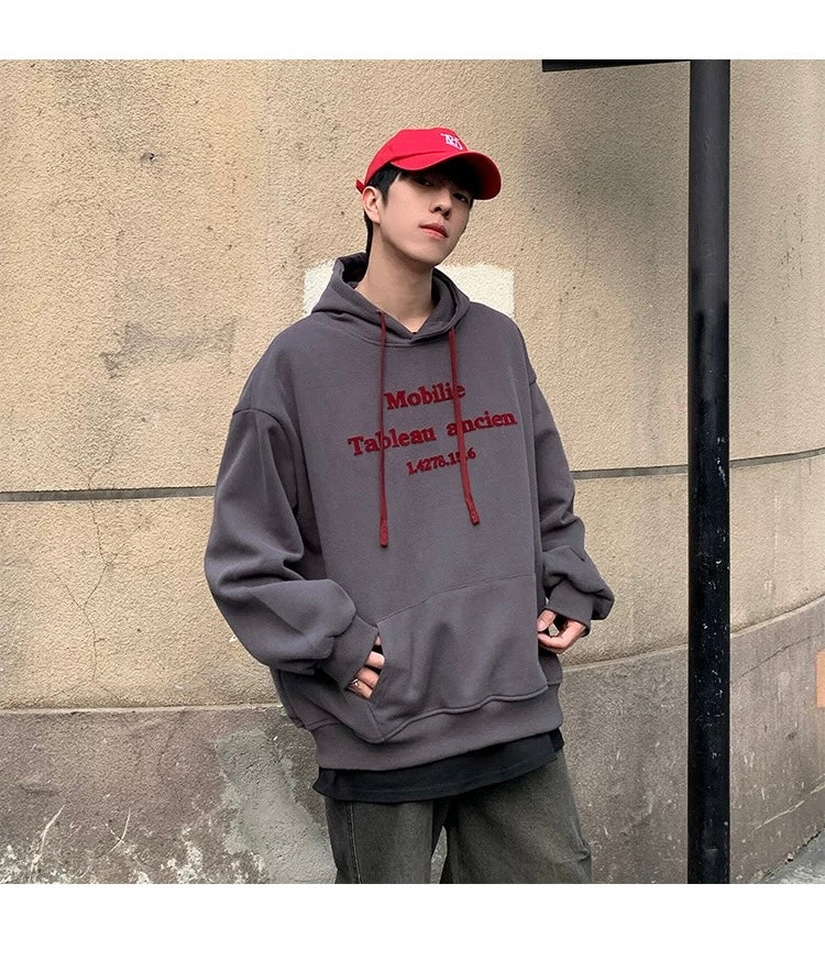 Men’s Vintage Brushed Embroidery Hoodie – Retro American Streetwear Pullover T0202