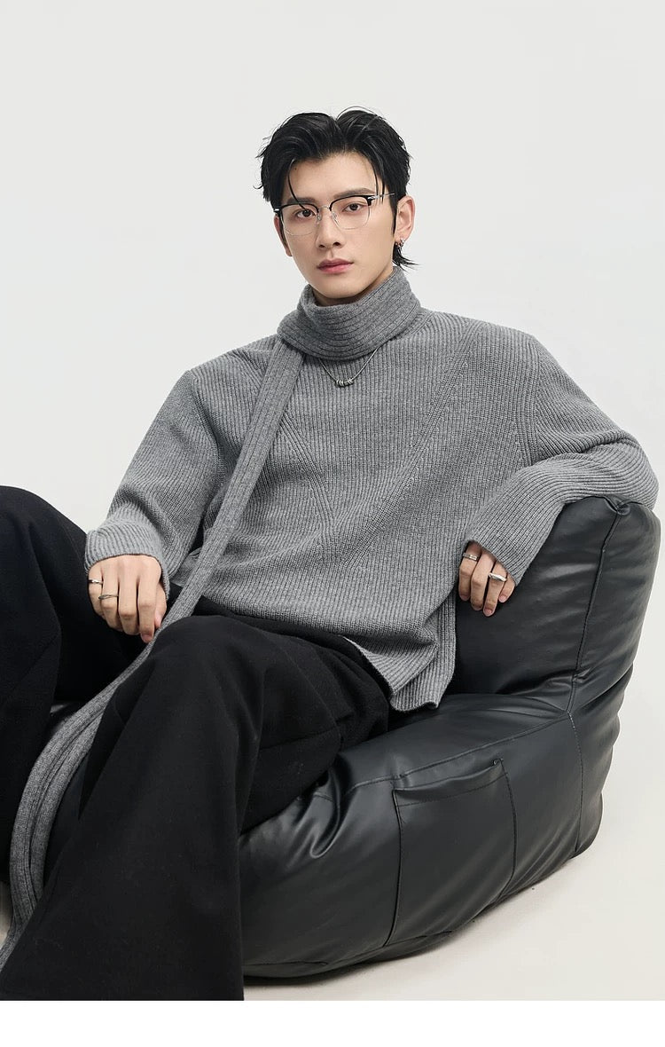 Suéter holgado de punto de lana de color liso para hombre, con cuello semialto y diseño estampado para invierno - Capa base ideal T0043