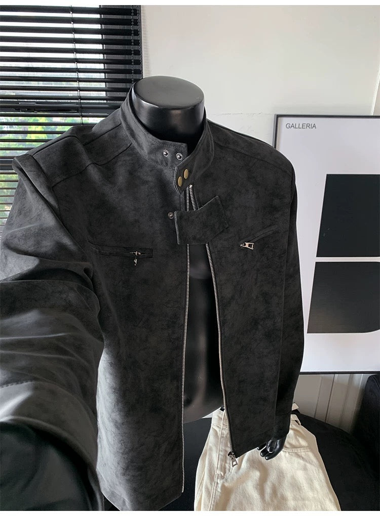 Chaqueta vintage de piel sintética con efecto tie-dye para hombre, cuello alto, estilo urbano, T0078