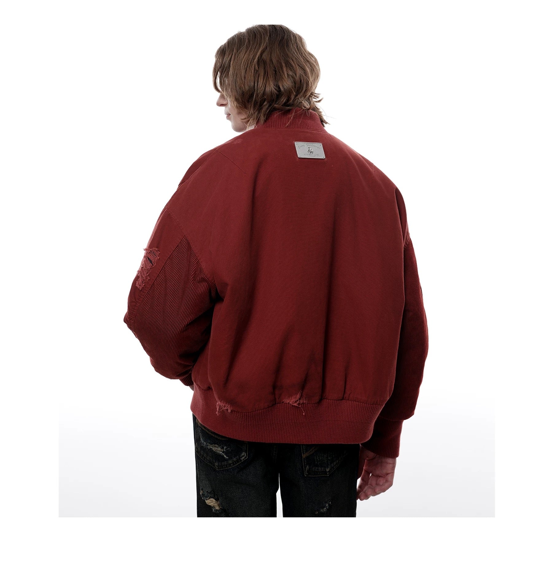 Men’s Burgundy MA-1 Distressed Bomber Jacket – Vintage American Street Baseball Style T0059