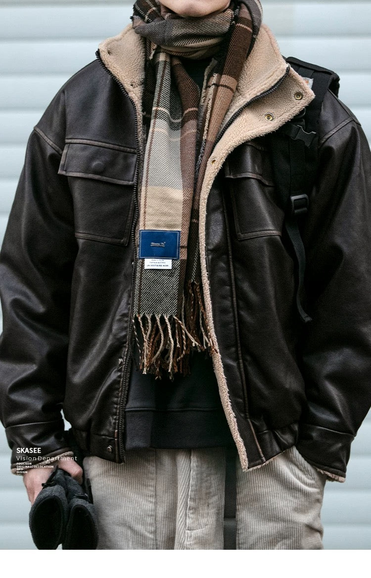 Chaqueta acolchada de algodón y piel sintética con cuello alto retro para hombre, abrigo de calle Morandi marrón grueso y cálido de lana de cordero T0013