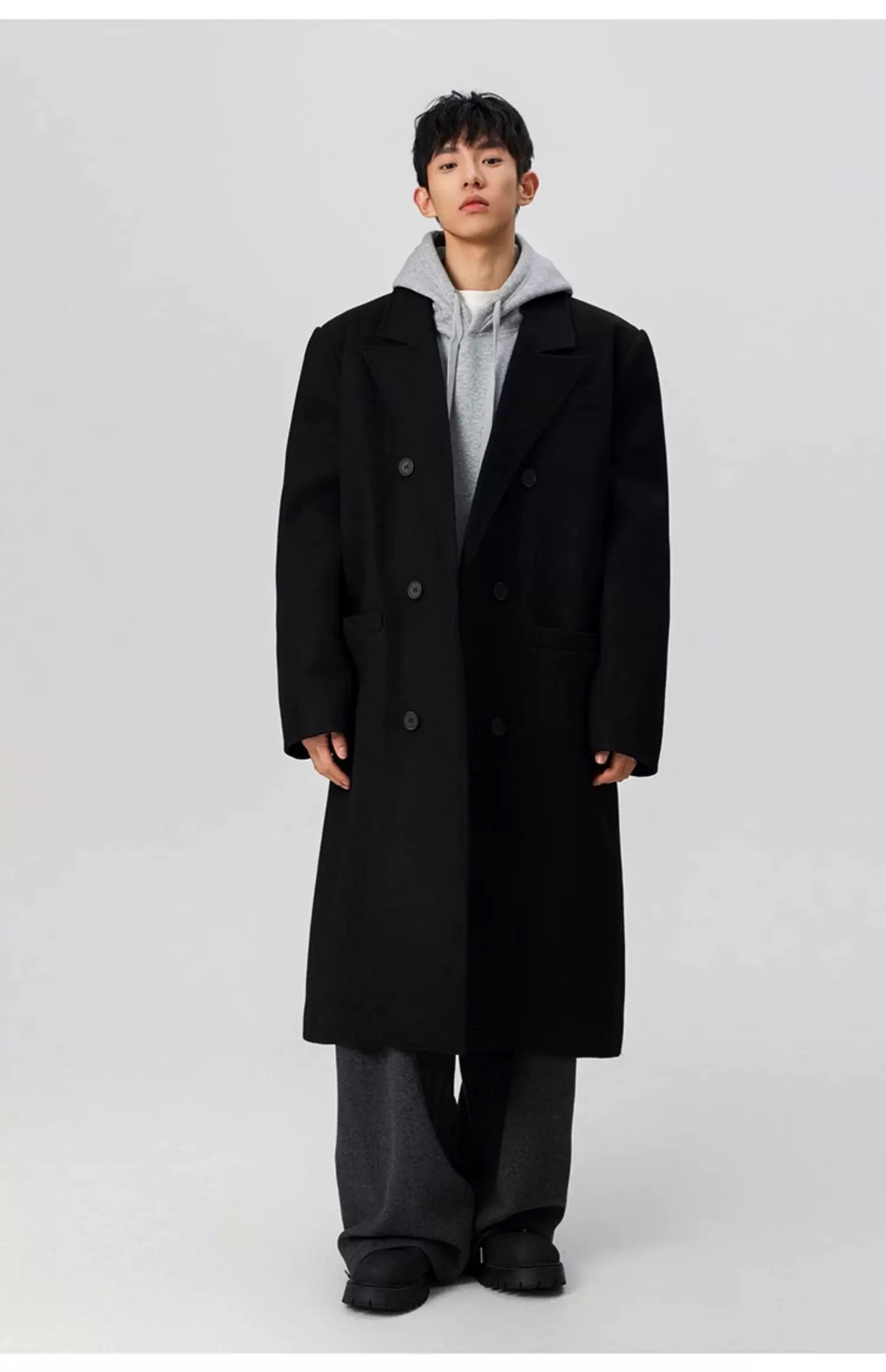 Men’s Long Wool Overcoat – American Vintage Street Tailored Winter Coat T0069