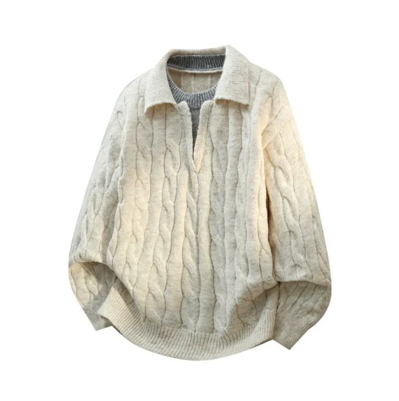 Men’s Vintage Cable Knit Layered Sweater – Retro Street Faux Two-Piece Pullover S0043