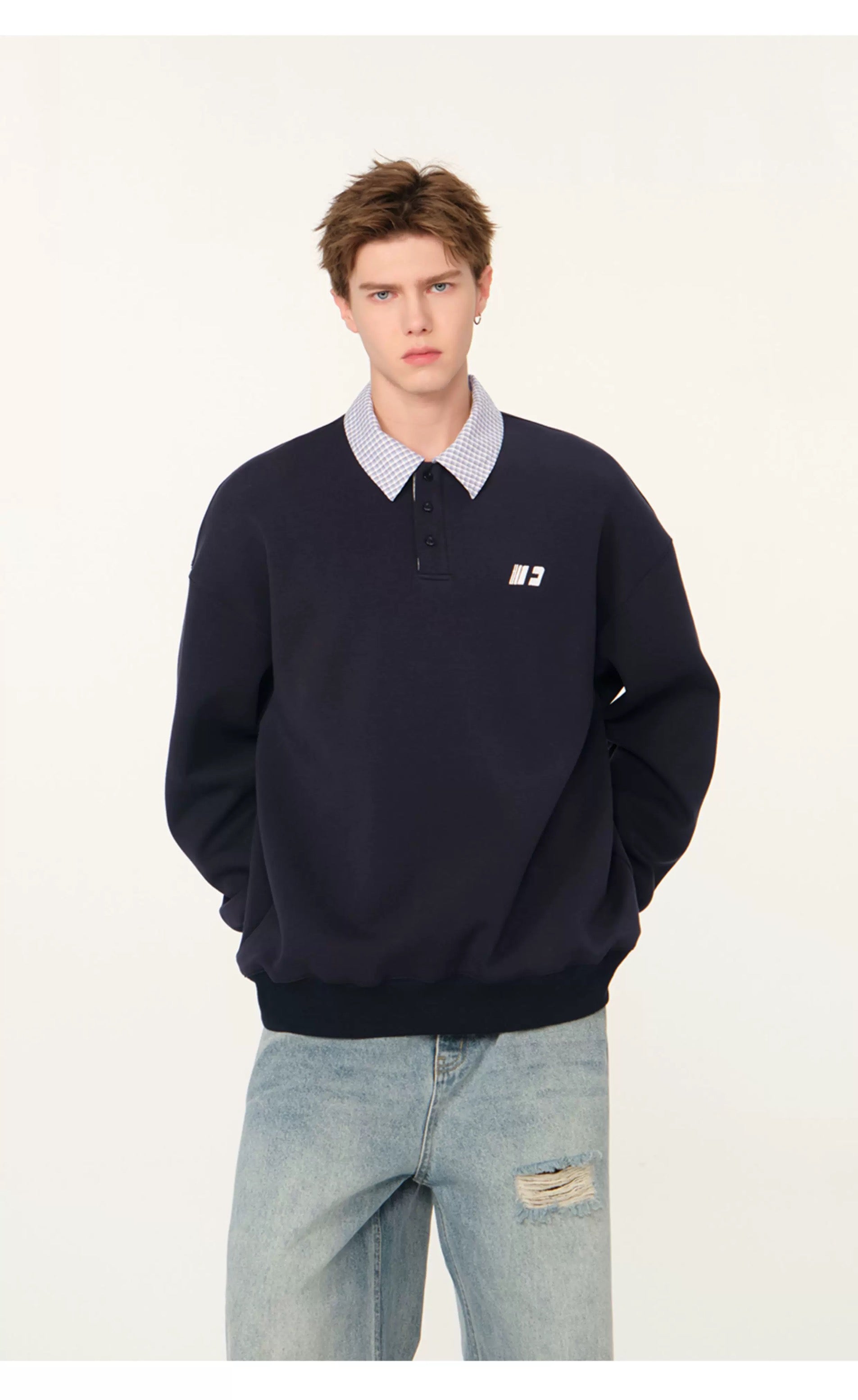 Men’s Layered Polo Sweatshirt – Air Layer Fabric Retro Street Pullover S0041