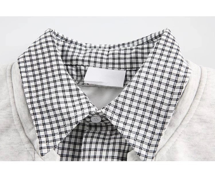 Men’s Korean Layered Plaid Sweatshirt – Casual Street Style Fake Two-Piece Pullover S0035