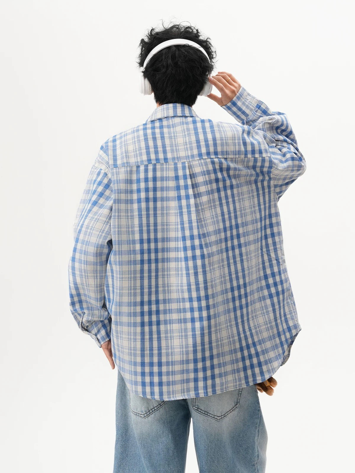 Men’s Vintage Blue Plaid Shirt – American Retro Street Casual Overshirt S0042