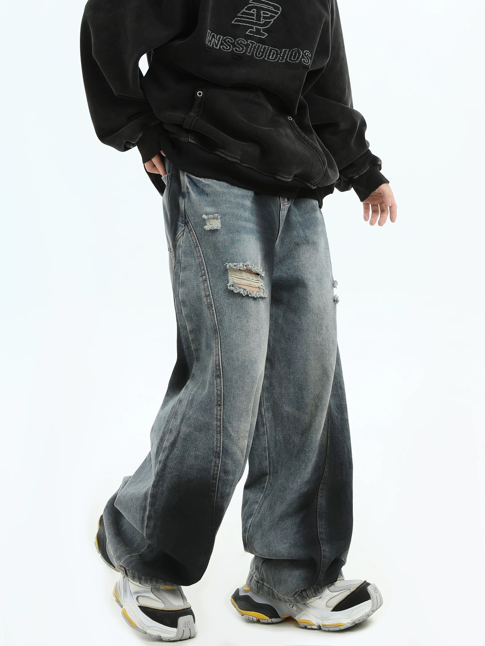 Men’s Graffiti Washed Distressed Jeans – Vintage American High Street Denim Pants B0059