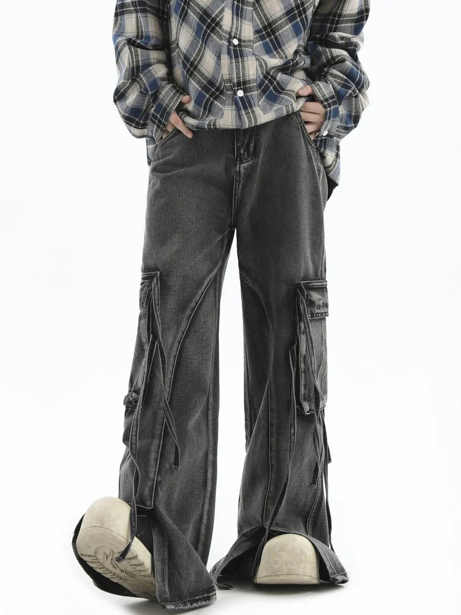 MULTI-POCKET LOOSE STRAIGHT LONG JEANS B0163