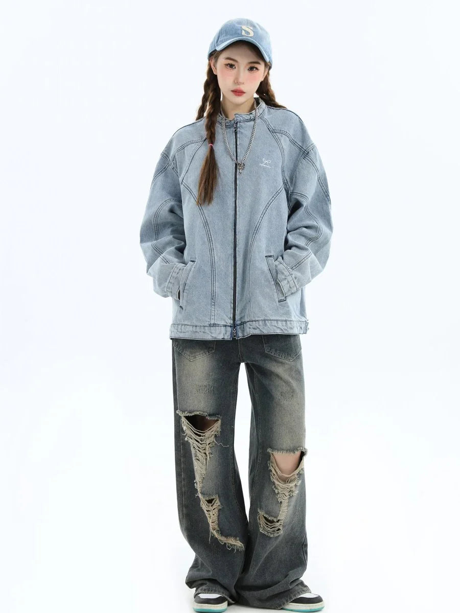 [INSstudios] WASHED DENIM JACKET ZIPPER T0099