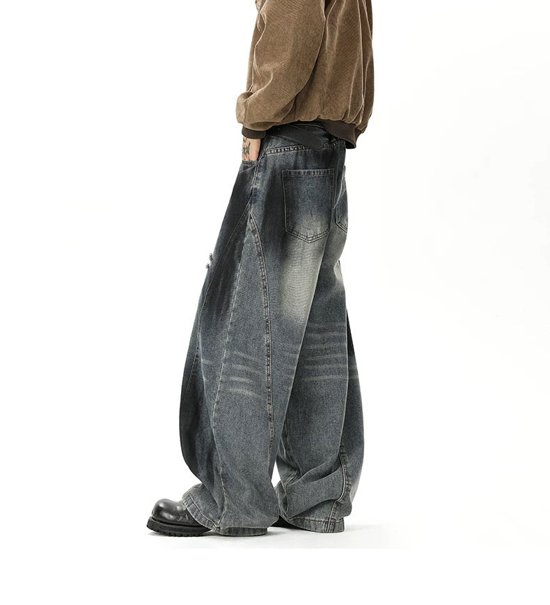 Vaqueros americanos rotos con corte curvo para hombre – Pantalones vaqueros de pierna ancha estilo streetwear vintage B0090
