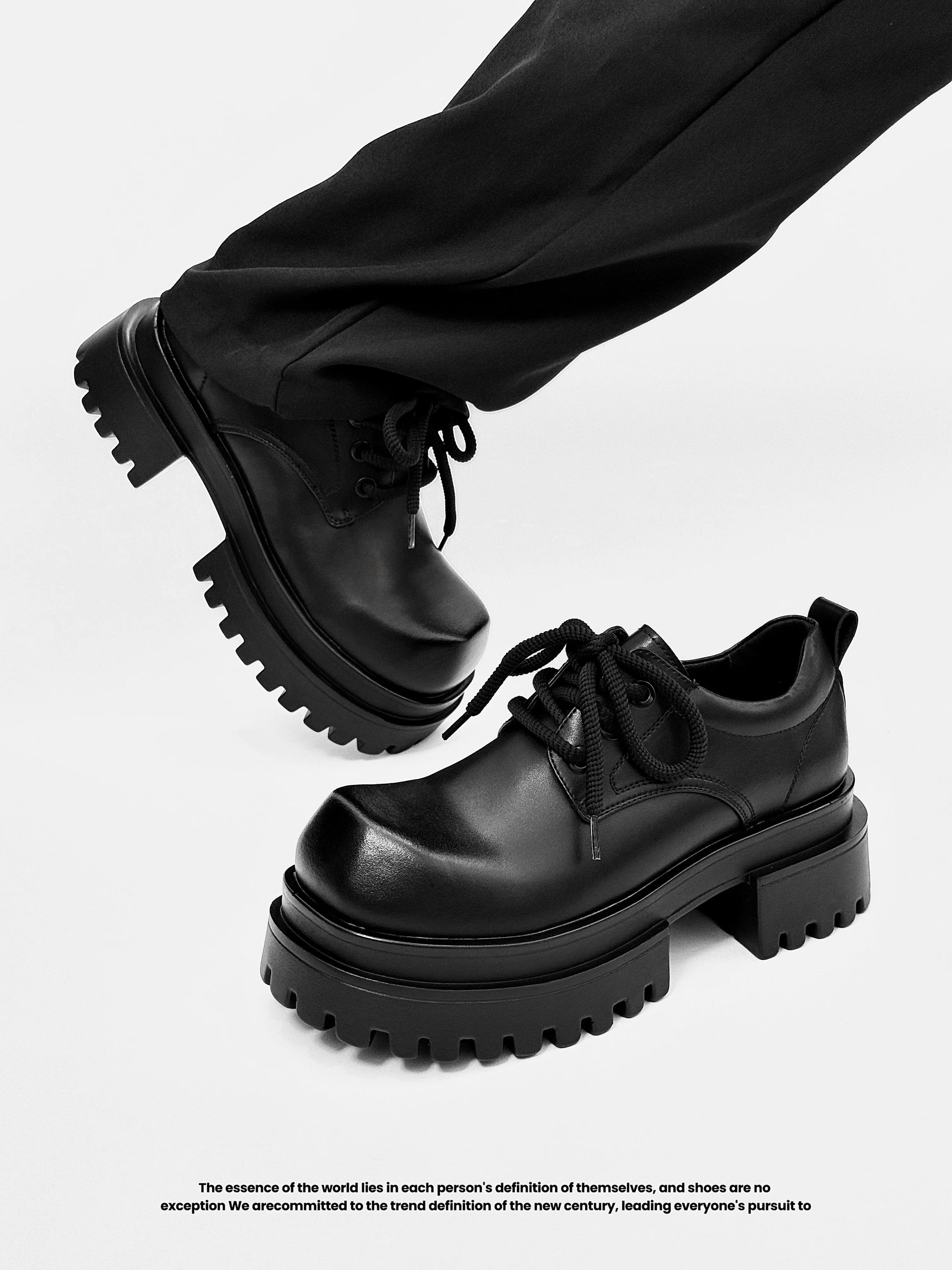 Zapatos Derby parisinos de piel con plataforma de 6 cm para hombre (zapatos de novio CleanFit con diseño negro premium) S0005