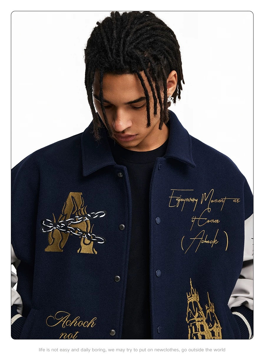 Men’s American Embroidered Patchwork Baseball Jacket – Vintage Streetwear Varsity CoatT0074