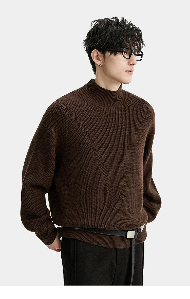 Suéter holgado de punto de lana de color liso para hombre, con cuello semialto y diseño estampado para invierno - Capa base ideal T0043