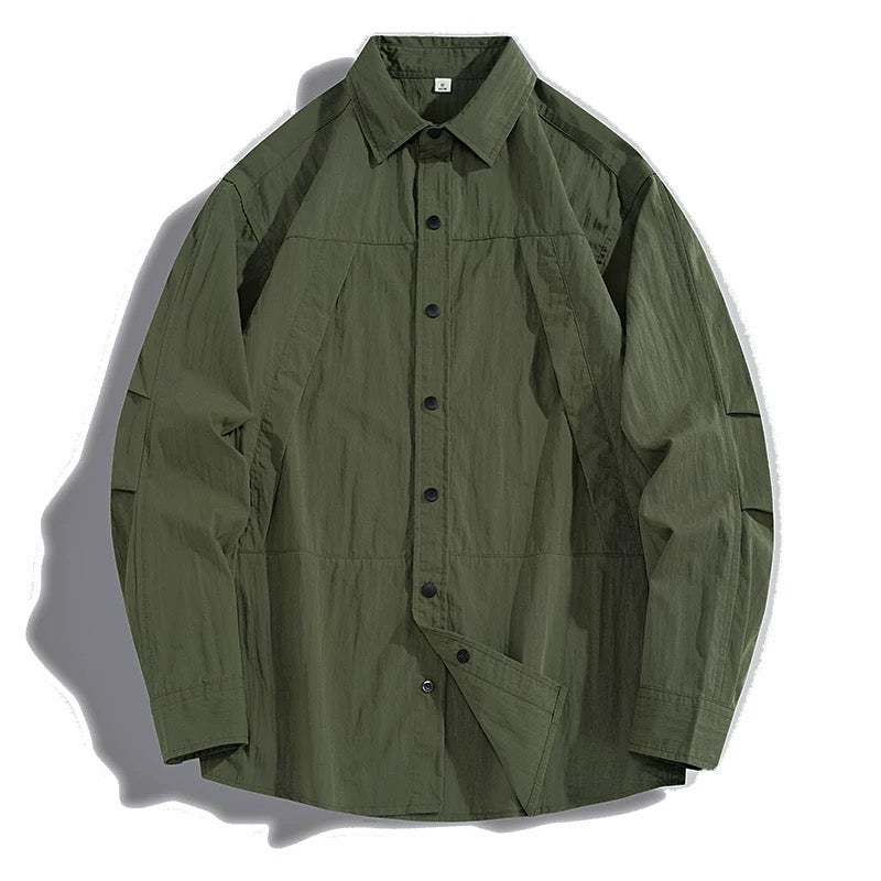 Vintage Washed Utility Shirt, Men's Distressed Panelled Long Sleeve, Oversized Streetwear Fashion T0010