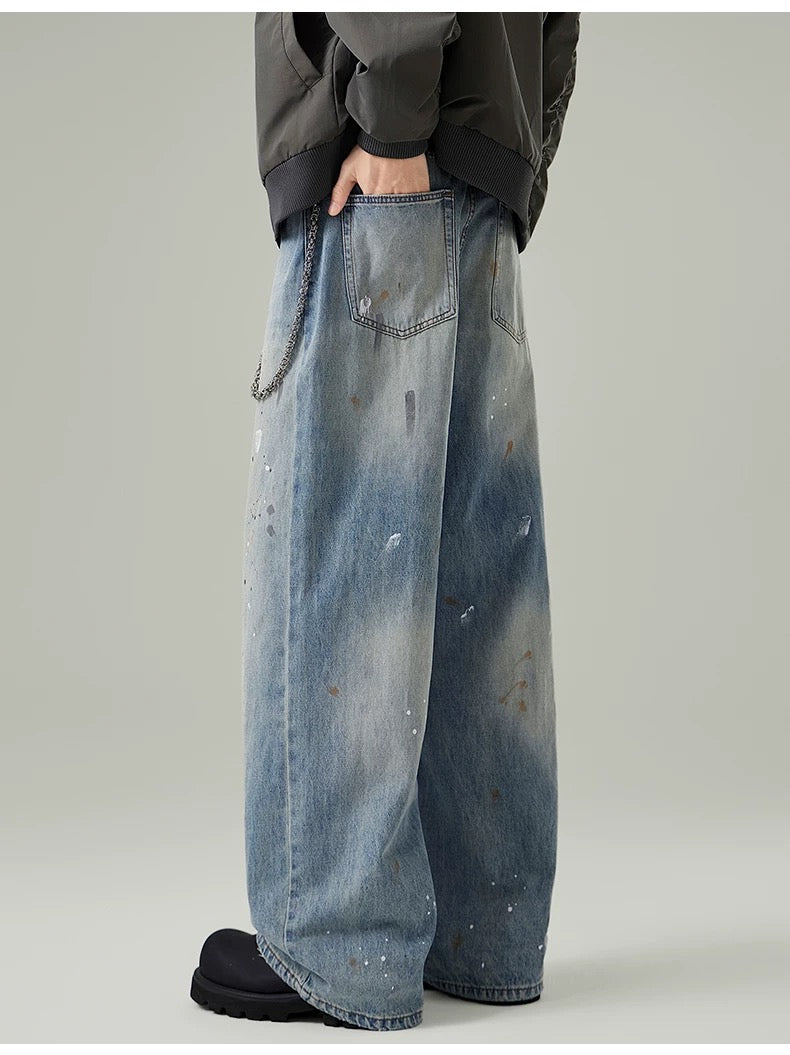 Men’s Paint-Splatter Washed Jeans – Vintage American Street Art Denim Pants B0055