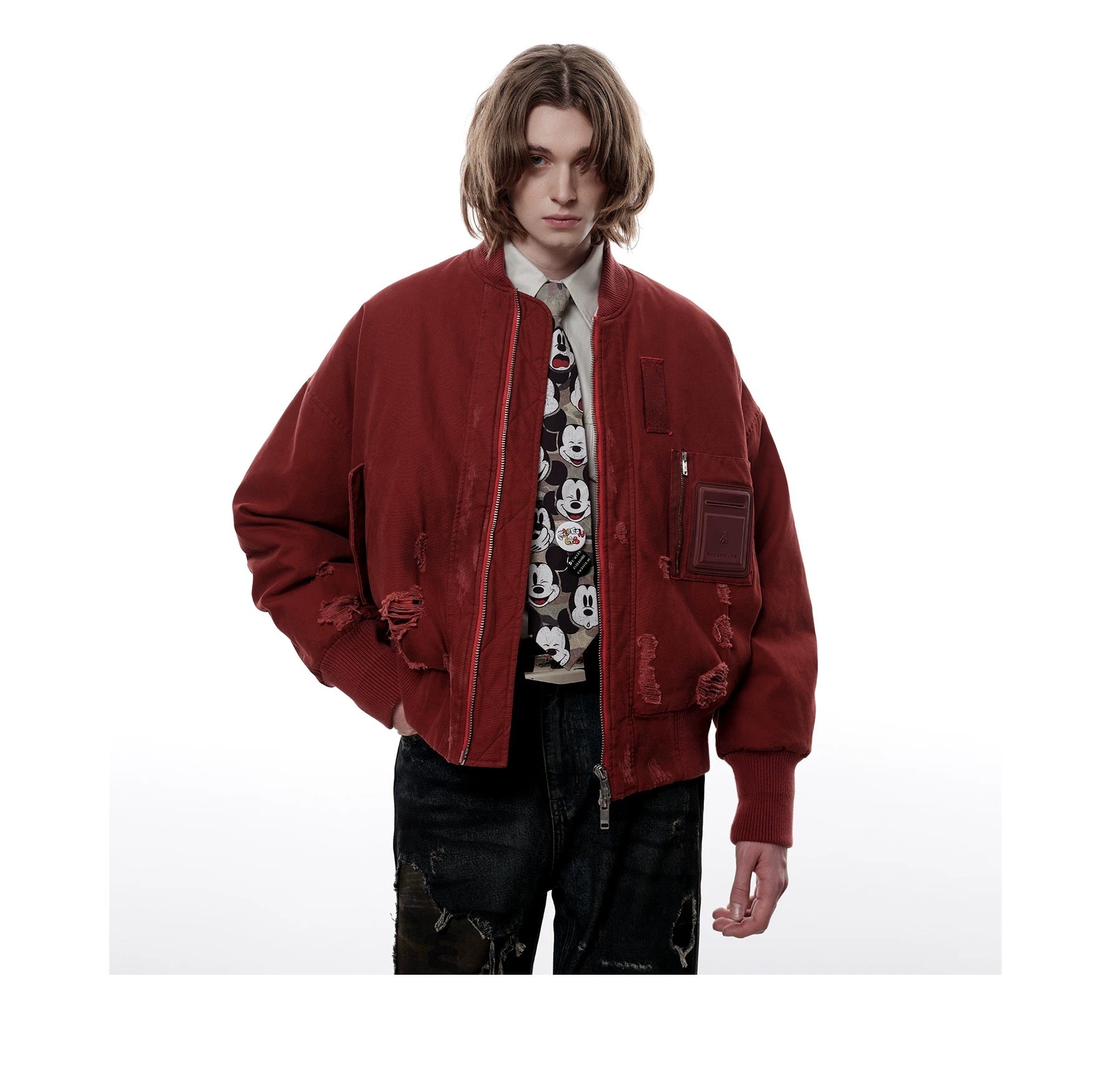 Men’s Burgundy MA-1 Distressed Bomber Jacket – Vintage American Street Baseball Style T0059