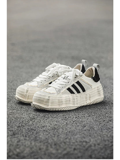 Distressed Melt-Sole Sneakers - White Chunky Platform German Army Trainers with Triple-Stripe Design S0009