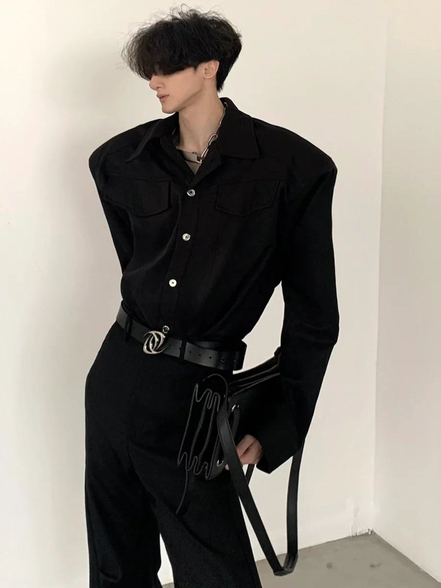 [AUTUMNWIND] BLACK SHOULDER PADS METAL PUNK SHIRT S0059