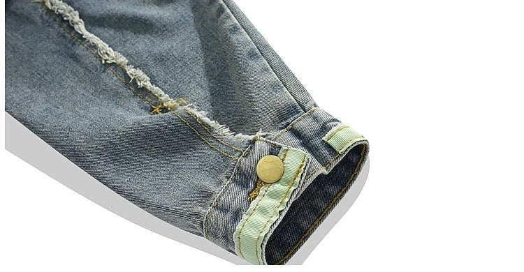 Men’s Vintage American Patchwork Frayed Denim Jacket – Distressed Retro Streetwear Outerwear T0039