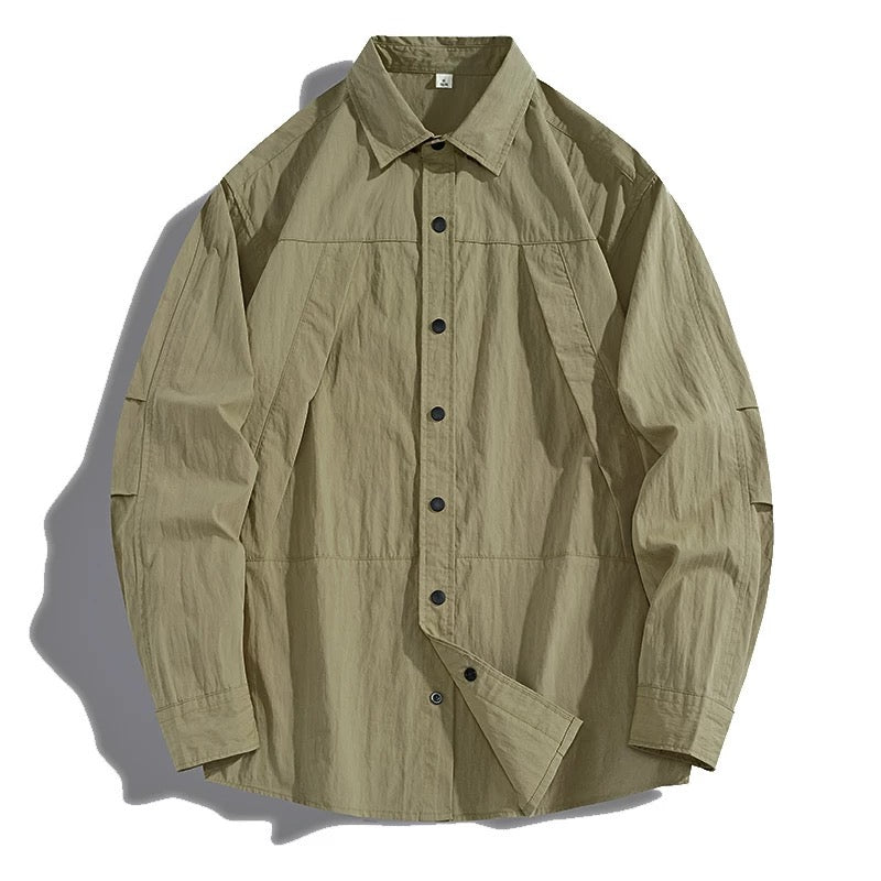 Vintage Washed Utility Shirt, Men's Distressed Panelled Long Sleeve, Oversized Streetwear Fashion T0010