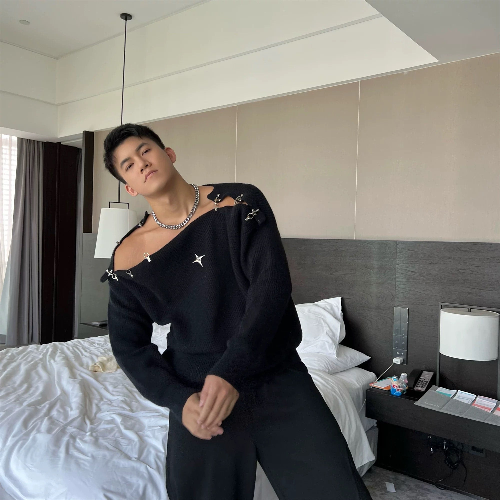 Suéter de punto con hebilla para hombre | Suéter holgado y cálido con estilo urbano T0056