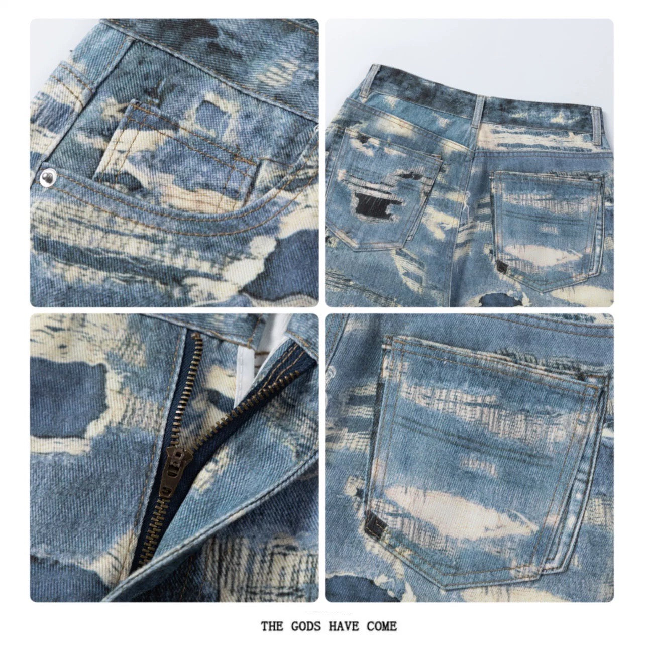 Men’s Distressed Printed Jeans – Vintage Washed Ripped Denim Pants B0079